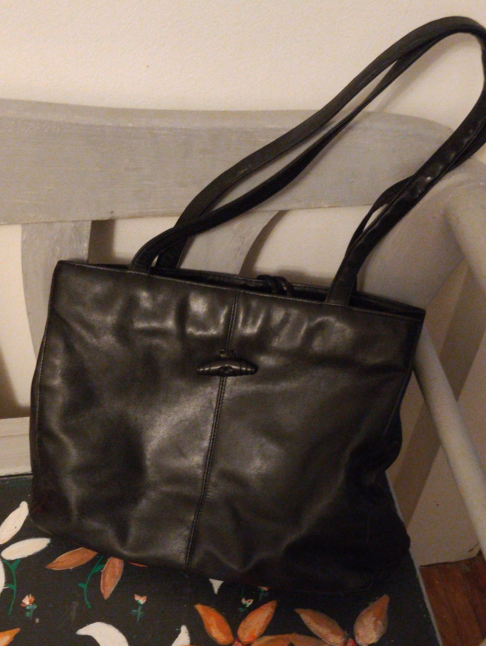 Black Leather Shoulder Tote Bag with Double Straps